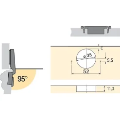 Charnière invisible à visser Intermat pour porte à moulure - Hettich - Angle d'ouverture 95 degré - Entraxe 52 mm - Coudure 9,5 mm