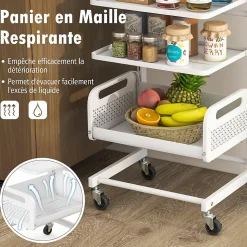 Chriot à roulettes à 4 Niveaux Desserte de Cuisine en Métal 20 Positions Étagères Réglables Panier en Maille