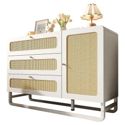 Coiffeuse de style champêtre blanche avec finitions en osier et poignées dorées, dimensions 120x 85x40