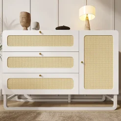 Coiffeuse de style champêtre blanche avec finitions en osier et poignées dorées, dimensions 120x 85x40