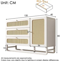Coiffeuse de style champêtre blanche avec finitions en osier et poignées dorées, dimensions 120x 85x40