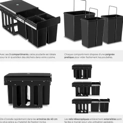 Collecteur de déchets 31 L et 3 compartiments 35 x 48 x 35 cm