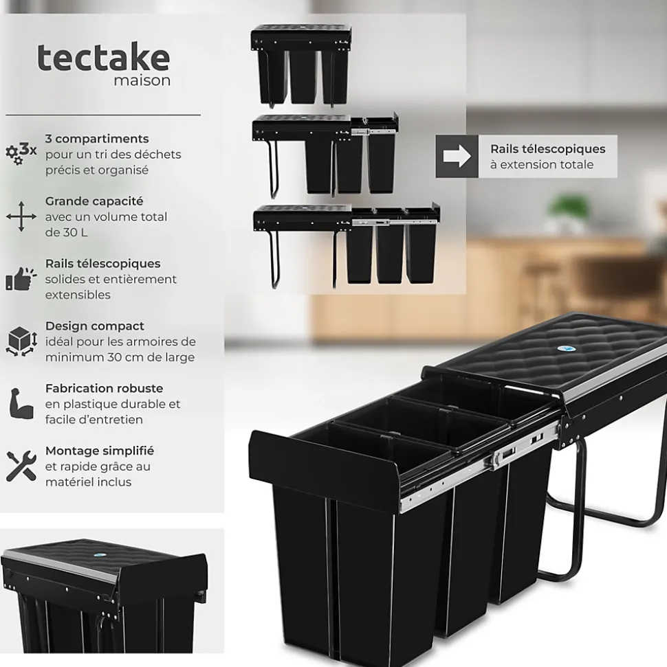 Collecteur de déchets 30L 3 compartiments 26 x 48 x 42 cm