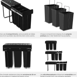 Collecteur de déchets 30L 3 compartiments 26 x 48 x 42 cm