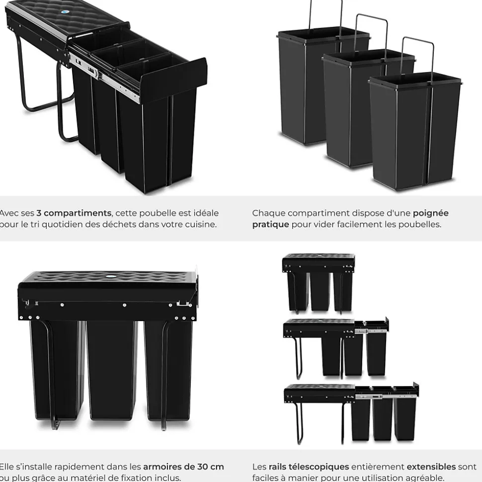 Collecteur de déchets 30L 3 compartiments 26 x 48 x 42 cm