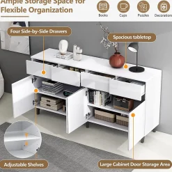 Commode 4 tiroirs + 2 portes, étagères réglables, meuble bas brillant