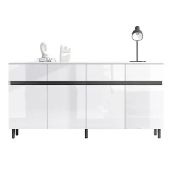 Commode 4 tiroirs + 2 portes, étagères réglables, meuble bas brillant