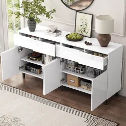 Commode 4 tiroirs + 2 portes, étagères réglables, meuble bas brillant