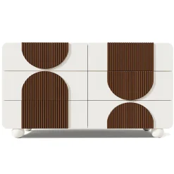 Commode avec 6 tiroirs,121x71x41cm,blanc,design incurvé,buffet élégant avec baguettes en bois couleur chocolat