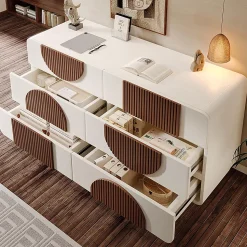 Commode avec 6 tiroirs,121x71x41cm,blanc,design incurvé,buffet élégant avec baguettes en bois couleur chocolat