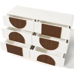 Commode avec 6 tiroirs,121x71x41cm,blanc,design incurvé,buffet élégant avec baguettes en bois couleur chocolat