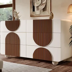 Commode avec 6 tiroirs,121x71x41cm,blanc,design incurvé,buffet élégant avec baguettes en bois couleur chocolat