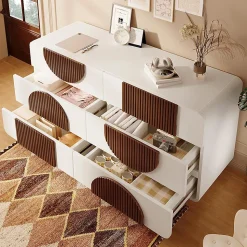 Commode avec 6 tiroirs,121x71x41cm,blanc,design incurvé,buffet élégant avec baguettes en bois couleur chocolat