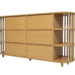 Commode buffet design romain,160x75x40cm,chêne, colonnes bambou, 6 tiroirs, étagères ouvertes, pieds réglables