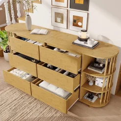 Commode buffet design romain,160x75x40cm,chêne, colonnes bambou, 6 tiroirs, étagères ouvertes, pieds réglables