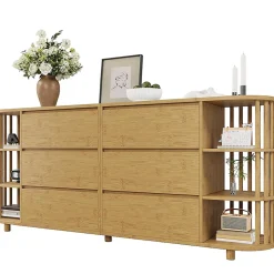 Commode buffet design romain,160x75x40cm,chêne, colonnes bambou, 6 tiroirs, étagères ouvertes, pieds réglables