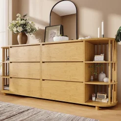 Commode buffet design romain,160x75x40cm,chêne, colonnes bambou, 6 tiroirs, étagères ouvertes, pieds réglables