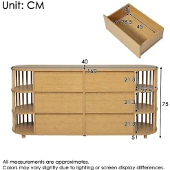 Commode buffet design romain,160x75x40cm,chêne, colonnes bambou, 6 tiroirs, étagères ouvertes, pieds réglables