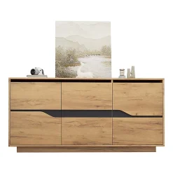 Commode de salon,140x40x76cm,couleur bois+noir, 3 portes, armoire de salle à manger avec séparateurs réglables