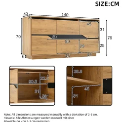 Commode de salon,140x40x76cm,couleur bois+noir, 3 portes, armoire de salle à manger avec séparateurs réglables