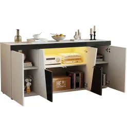 Commode salon 140x40x65 cm, 3 armoires/4 portes, LED, design angulaire, noir/blanc