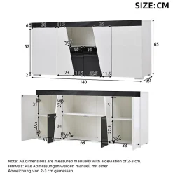 Commode salon 140x40x65 cm, 3 armoires/4 portes, LED, design angulaire, noir/blanc