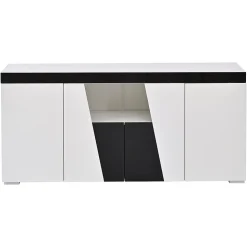 Commode salon 140x40x65 cm, 3 armoires/4 portes, LED, design angulaire, noir/blanc