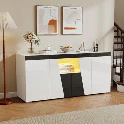 Commode salon 140x40x65 cm, 3 armoires/4 portes, LED, design angulaire, noir/blanc