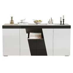 Commode salon 140x40x65 cm, 3 armoires/4 portes, LED, design angulaire, noir/blanc