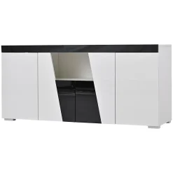 Commode salon 140x40x65 cm, 3 armoires/4 portes, LED, design angulaire, noir/blanc