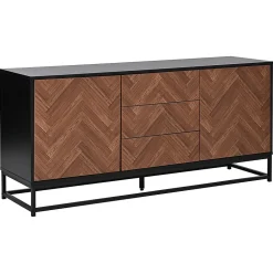 Commode salon 145x40x67 cm, 3 tiroirs + 2 portes, métal, séparations réglables, bois/noir