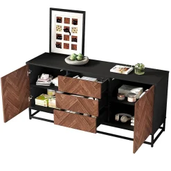 Commode salon 145x40x67 cm, 3 tiroirs + 2 portes, métal, séparations réglables, bois/noir