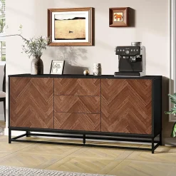 Commode salon 145x40x67 cm, 3 tiroirs + 2 portes, métal, séparations réglables, bois/noir