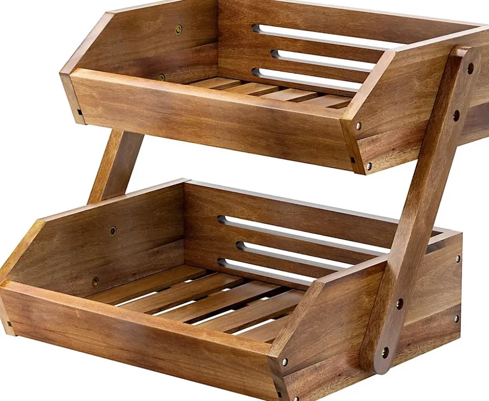 Corbeille à Fruits en Bois d Acacia à 2 Niveaux