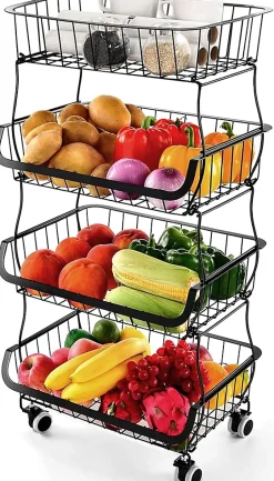 Corbeille à Fruits Métal 4 Niveaux avec Roulettes
