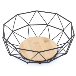 Corbeille à fruits ronde avec formes géométriques en métal noir et bambou