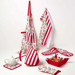 Corbeille à pain carré - tissu uni rouge et rayures réversible - HOMESCAPES