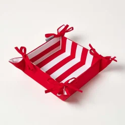 Corbeille à pain carré - tissu uni rouge et rayures réversible - HOMESCAPES