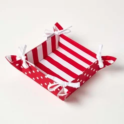 Corbeille à pain carré - tissu rayé rouge et imprimé pois réversible - HOMESCAPES