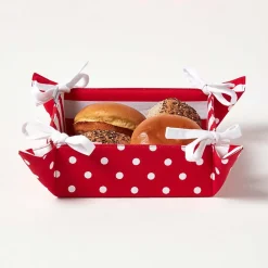 Corbeille à pain carré - tissu rayé rouge et imprimé pois réversible - HOMESCAPES