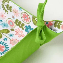 Corbeille à pain carré - tissu fleurs et vert uni réversible - HOMESCAPES