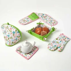 Corbeille à pain carré - tissu fleurs et vert uni réversible - HOMESCAPES