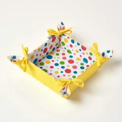 Corbeille à pain carré - tissu pois multicolore et jaune uni réversible - HOMESCAPES