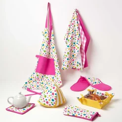 Corbeille à pain carré - tissu pois multicolore et jaune uni réversible - HOMESCAPES