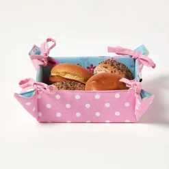 Corbeille à pain carré - tissu pois rose et imprimé oiseaux réversible - HOMESCAPES