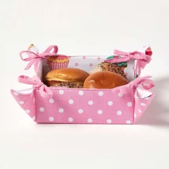 Corbeille à pain carré - tissu pois rose et imprimé cupcakes réversible - HOMESCAPES