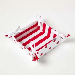 Corbeille à pain carré - tissu rayé rouge et imprimé cœur réversible - HOMESCAPES