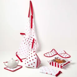 Corbeille à pain carré - tissu rayé rouge et imprimé cœur réversible - HOMESCAPES