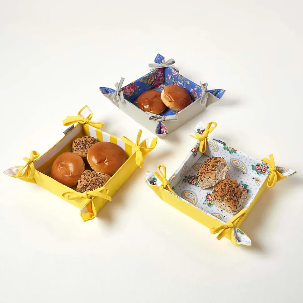 Corbeille à pain carré - tissu rayures jaune réversible - HOMESCAPES