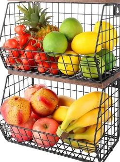 Corbeilles à Fruits Noires avec Couvercle en Bois Lot de 2